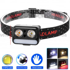 Фонарь налобный 2069-XPG(white)+XPG(yellow)+5SMD(red), Motion Sensor, Li-Ion аккумулятор, ЗУ Type-C