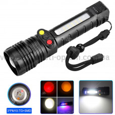 Ліхтар PLD-H005-3PM10-TG(white+yellow+red)+14SMD,  Li-Ion акум., індикація заряду, ЗУ Type-C, zoom, Box