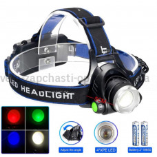 Ліхтар налобний PLD-V9-F-4XPE(RGB), 2x18650, ЗУ Type-C, zoom, Box