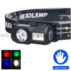 Ліхтар налобний  T131-XPE+3SMD(red+green+blue+UV), Motion Sensor, Li-Ion акумулятор, магніт, кліпса, ЗУ Type-C, Box