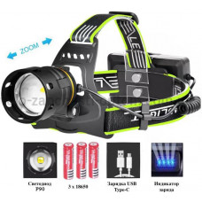 Ліхтар налобний BL-A14-3-P90, power bank, 3x18650, zoom, ЗУ Type-C, Box