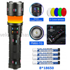 Фонарь NIGHT VISION FLUORESCENCE AK178-WHITE LASER LED PM60-TG+COB, 8x18650 3.7V, power bank, ЗУ Type-C, zoom, 5 фильтров
