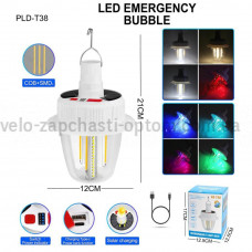 Світлодіодна LED лампа з акумулятором T38-COB+SMD(RGB), 2x18650, сонячна батарея, гачок, ЗУ Type-C