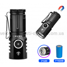 Ліхтар 536-3LED, 1х16340A, індикація заряду, ЗУ Type-C, магніт, Box