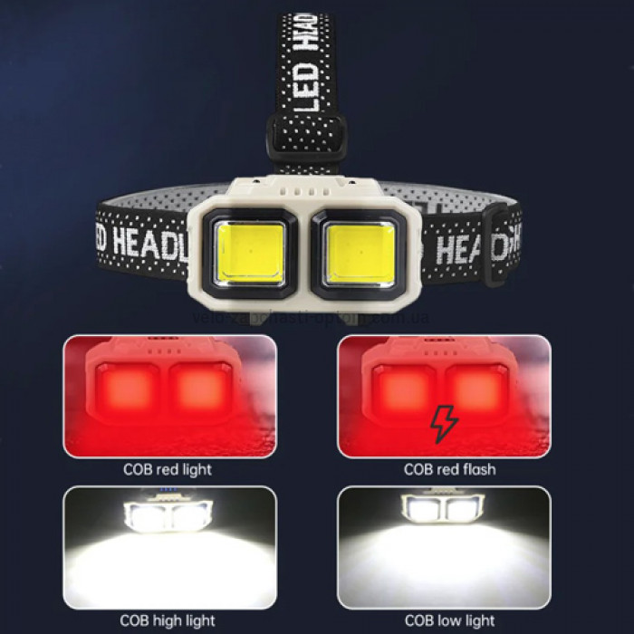 Ліхтар налобний HX-816-2COB(white+red), Waterproof, 1x18650, ЗП Type-C, Box