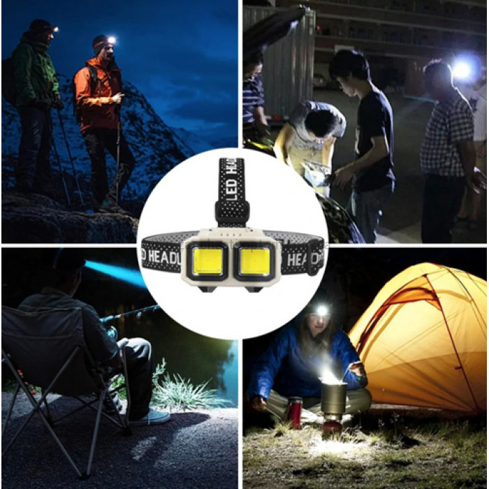 Ліхтар налобний HX-816S-2COB(white+red), Motion Sensor, Waterproof, 1x18650, ЗП Type-C, Box