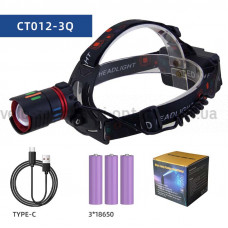 Ліхтар налобний NIGHT VISION FLUORESCENCE CT012-3Q-TG, 3x18650, ЗУ Type-C, zoom, Box