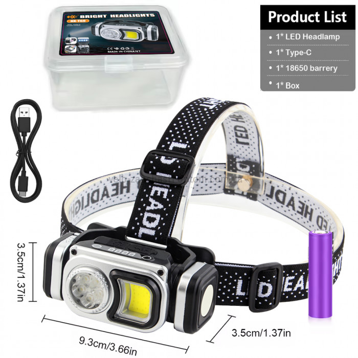 Ліхтар налобний HX-T60-5SMD+COB(White+Red+Blue), Waterproof, 1x18650, ЗУ Type-C, магніт, Box