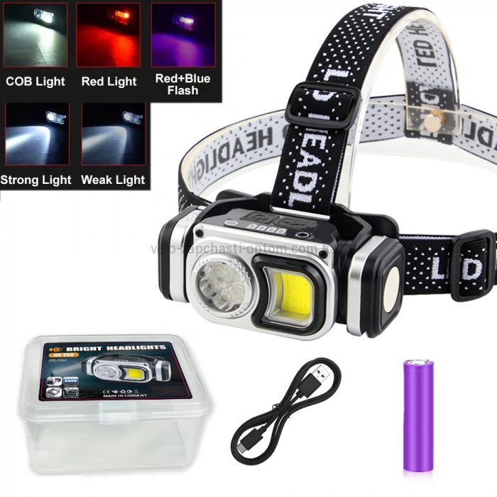 Ліхтар налобний HX-T60-5SMD+COB(White+Red+Blue), Waterproof, 1x18650, ЗУ Type-C, магніт, Box