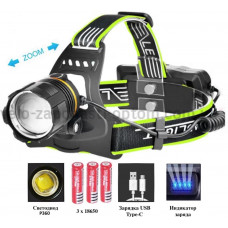Ліхтар налобний BL-A13-3-P360, 3x18650, zoom, ЗУ Type-C, Box