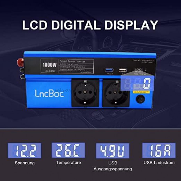 Інвертор 3-в-1 LncBoc 1000W 12V роз'єми під 2 USB кабелі/ 2 прикурювачі/ 2 розетки 220/230