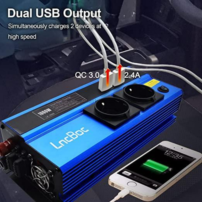 Інвертор 3-в-1 LncBoc 1000W 12V роз'єми під 2 USB кабелі/ 2 прикурювачі/ 2 розетки 220/230