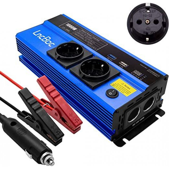 Інвертор 3-в-1 LncBoc 1000W 12V роз'єми під 2 USB кабелі/ 2 прикурювачі/ 2 розетки 220/230