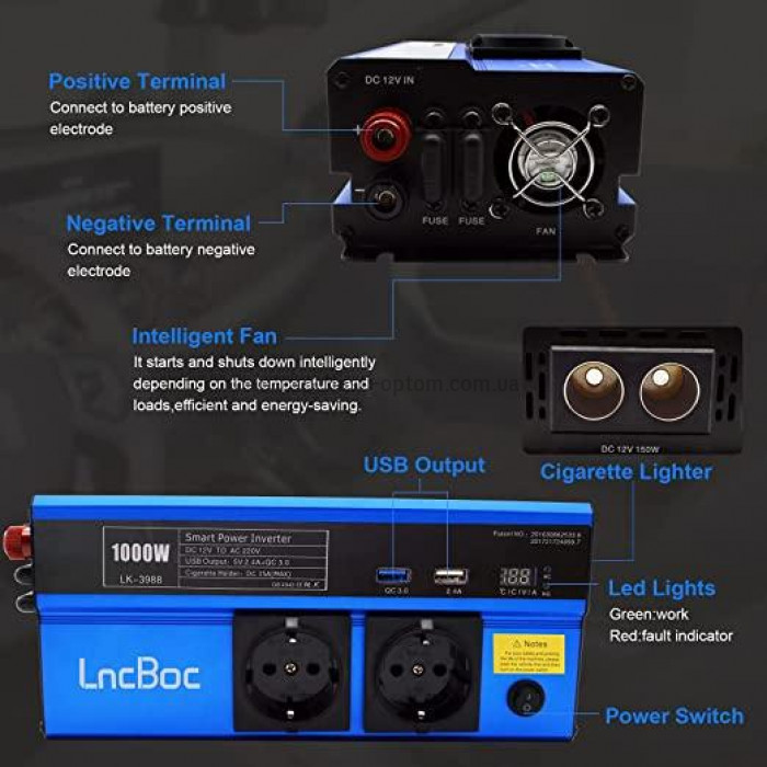 Інвертор 3-в-1 LncBoc 1000W 12V роз'єми під 2 USB кабелі/ 2 прикурювачі/ 2 розетки 220/230